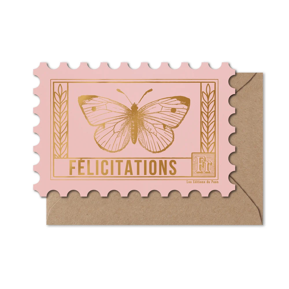 Carte Timbre Félicitations Papillon - Rose I Les Éditions du Paon